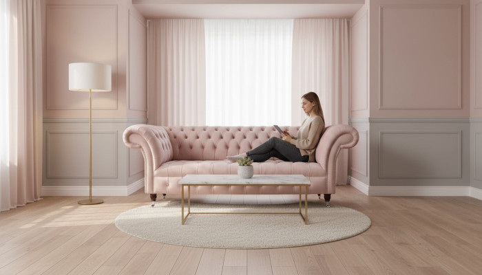 Chesterfield 3-seater pink design couches upholstery sofas fabric textile
