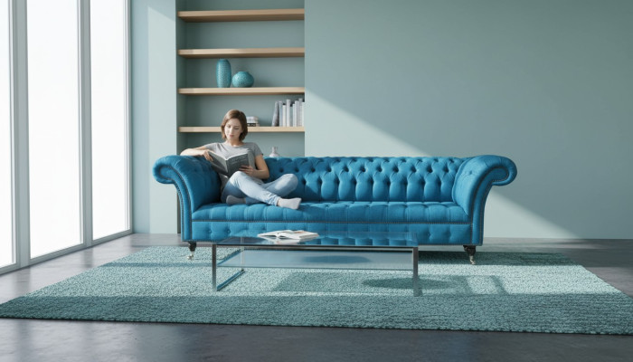 Chesterfield Upholstered Sofas Design Fabric Sofa 4-Seater Sofa Luxury Design Blue