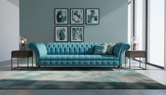 Chesterfield Upholstered Sofas Design Fabric Sofa 4-Seater Sofa Luxury Design Blue