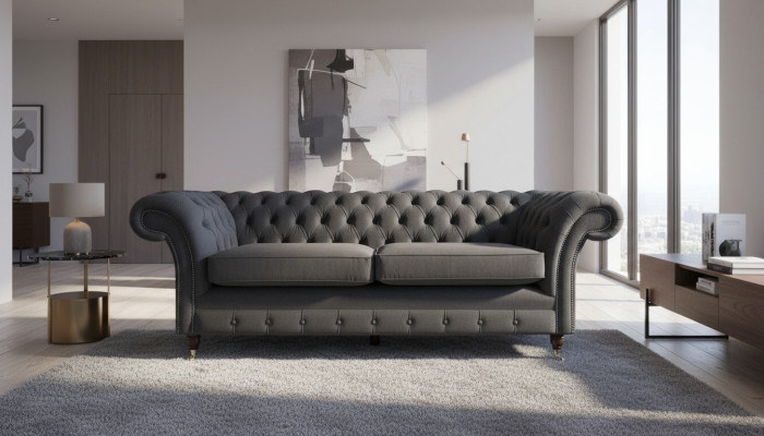 Design Chesterfield Sofa 3-Seater Gray Couch Upholstered Sofas Living Room
