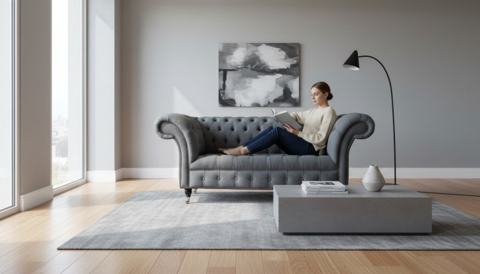 English Chesterfield office furniture setup sofa couch 2-seat fabric.