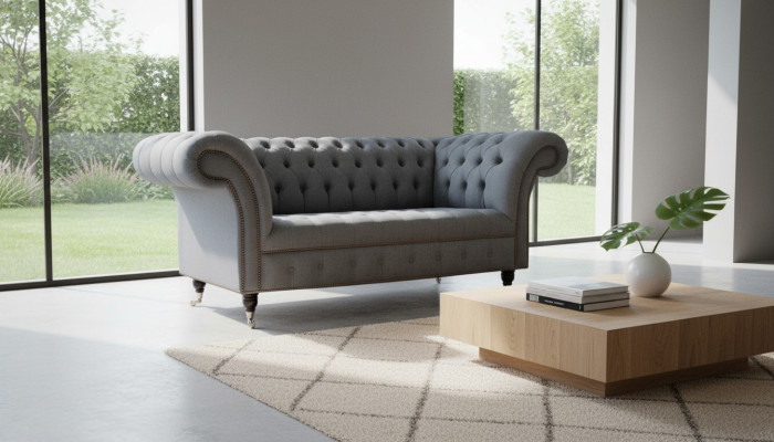 English Chesterfield office furniture setup sofa couch 2-seat fabric.