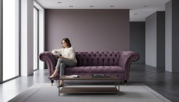Modern Chesterfield Sofa Couch Upholstered 3 Seater Purple Fabric Sofas New