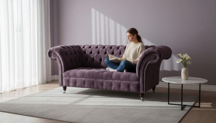 Chesterfield Sofa Couch Design Lilac Upholstery Fabric Two-Seater New