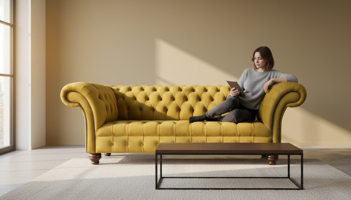 Chesterfield Yellow Sofa Upholstery 3-Seater Couches Seating Sofas Three-Seater