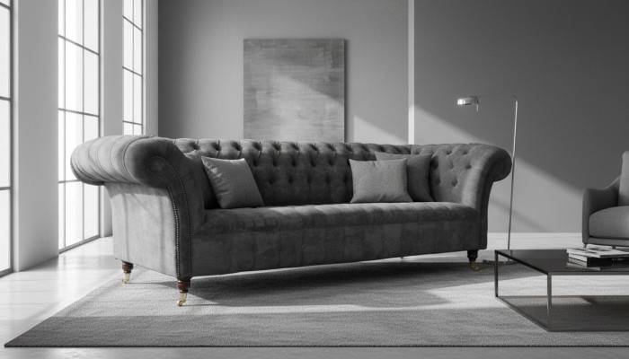 Chesterfield 3-seater couch upholstered seat textile fabric gray couches sofa