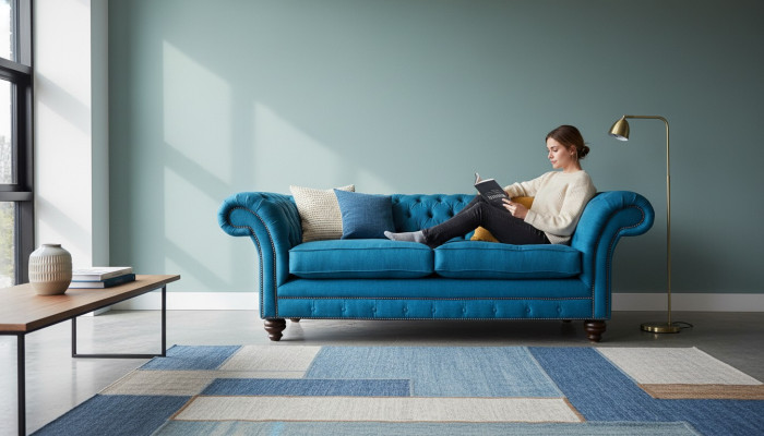 Chesterfield sofa 3-seater couch upholstered sofas fabric living room blue textile