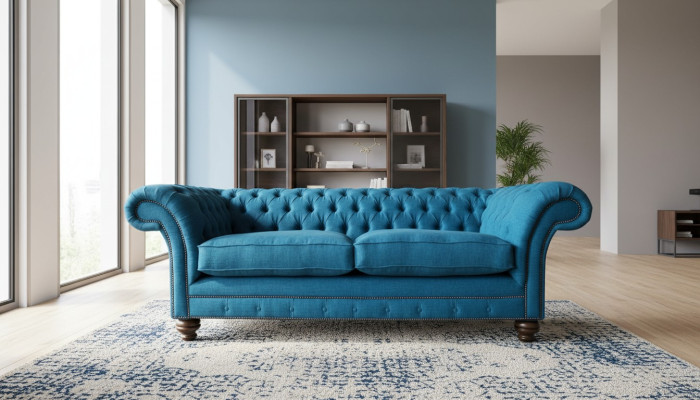 Chesterfield sofa 3-seater couch upholstered sofas fabric living room blue textile