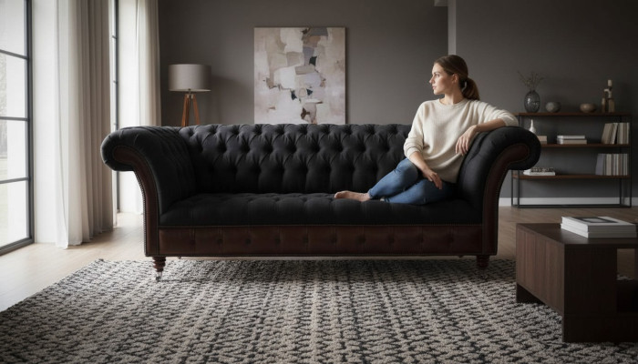 Chesterfield 3-Seater Sofa Couch Leather Upholstery Seat Fabric Black New