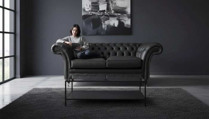 Luxury textile Chesterfield couch sofas upholstery 2-seater black leather