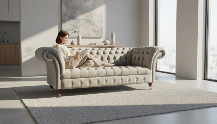 Chesterfield Sofa 3 Seat Upholstered Couches Sofas Couch Three-Seater Gray New