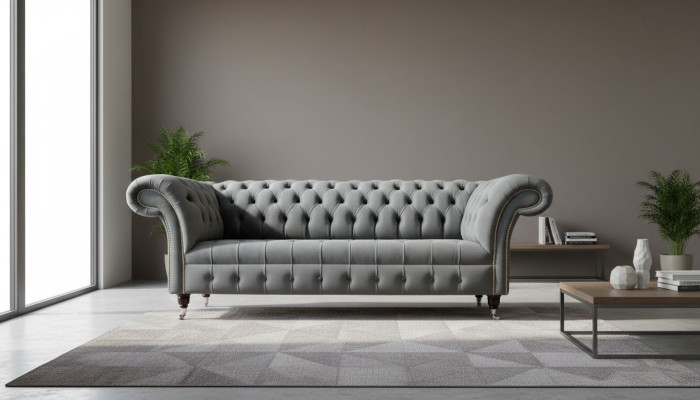 English Chesterfield Sofa Couch Office Furniture Three-Seater Velvet 230cm Gray
