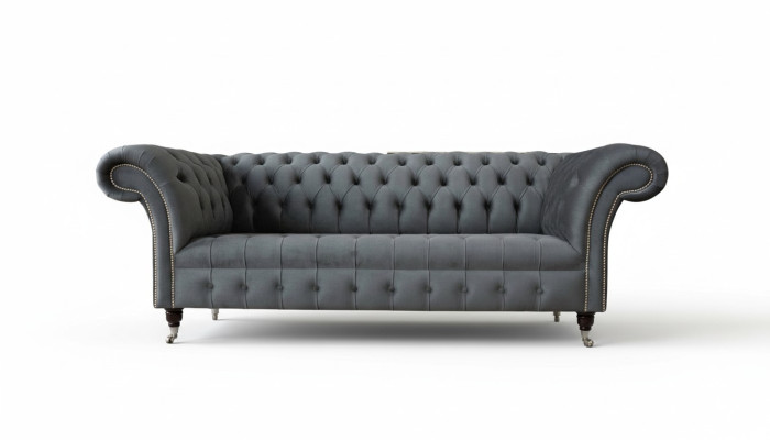 English Chesterfield Sofa Couch Office Furniture Three-Seater Velvet 230cm Gray
