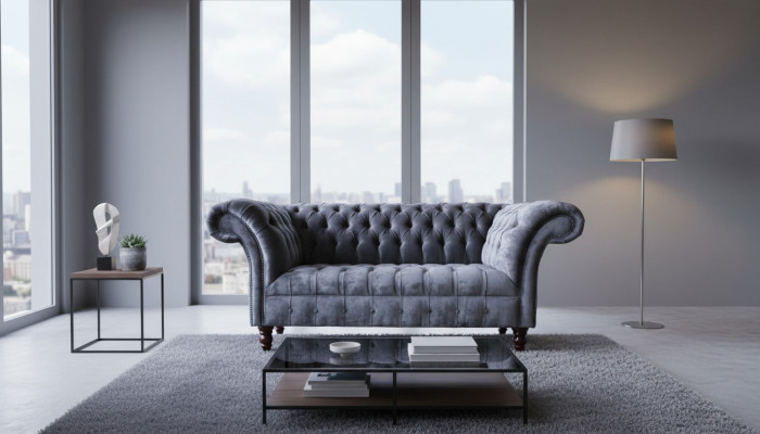 Sofa 2-seater couch design, upholstered textile fabric, grey Chesterfield, new.