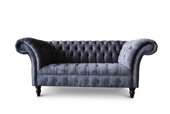 Sofa 2-seater couch design, upholstered textile fabric, grey Chesterfield, new.
