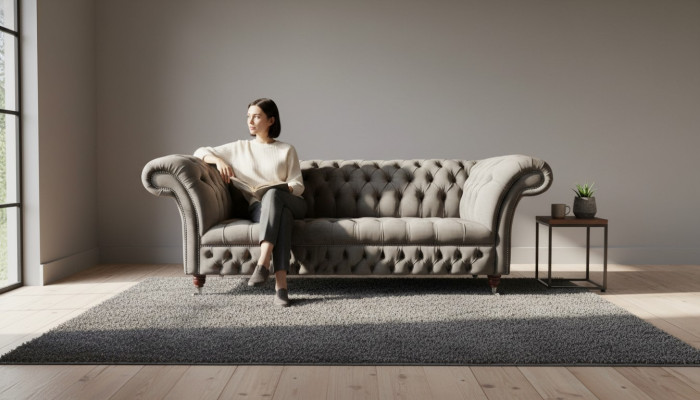 English Chesterfield Sofa Couch Office Furniture Three-Seater Velvet 230cm Taupe