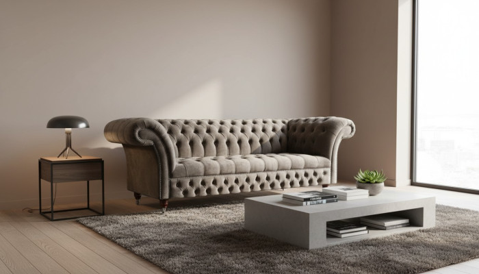 English Chesterfield Sofa Couch Office Furniture Three-Seater Velvet 230cm Taupe