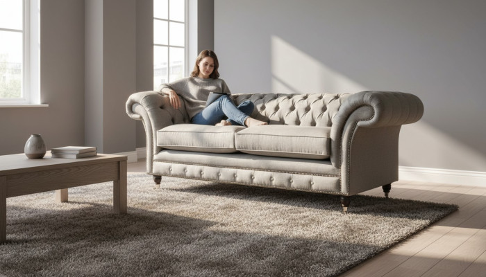 English Chesterfield Sofa Couch Office Furniture Three-Seater Velvet 230cm Brown