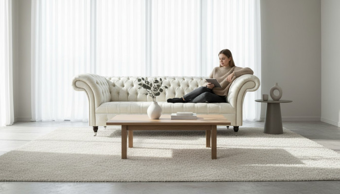 Three-seater white fabric living room design couches sofa Chesterfield couch