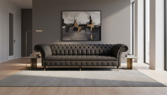 Chesterfield Sofa 4-Seater Black Fabric Living Room Design Couch Upholstery