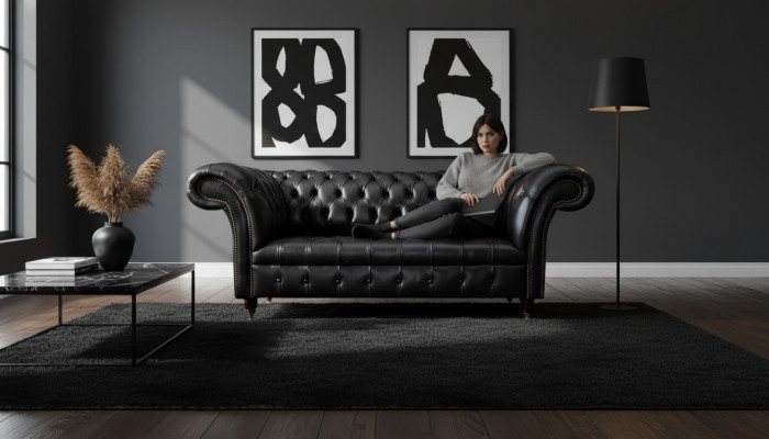 Three-seater luxury sofa 3 seater sofas leather black Chesterfield