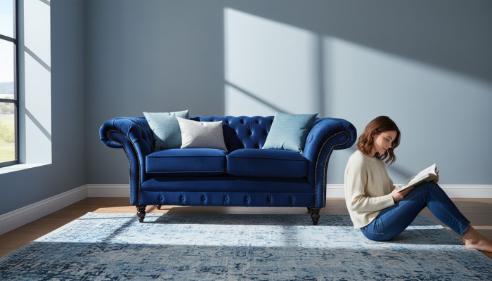 Chesterfield office seating furniture sofa couch 2-seat textile blue