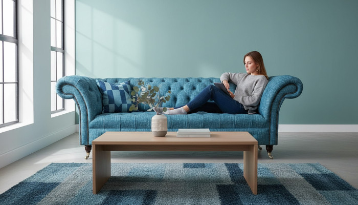 Blue three-seater velvet couch living room sofas sofa seating Chesterfield sofa