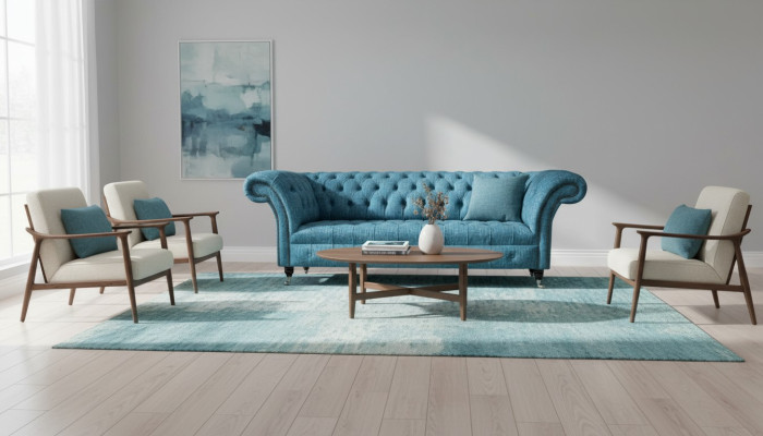 Blue three-seater velvet couch living room sofas sofa seating Chesterfield sofa