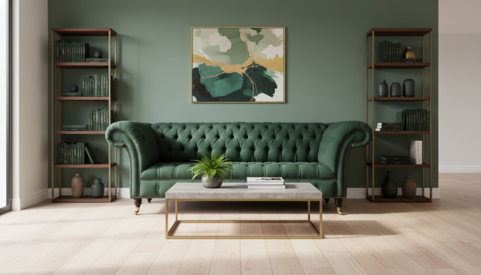 Three-seater couch textile green upholstery furniture Chesterfield sofas couches