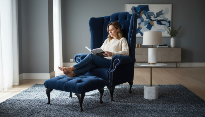 Chesterfield wing chair with stool, relaxer 1-seater sofa, single seat 2-piece set