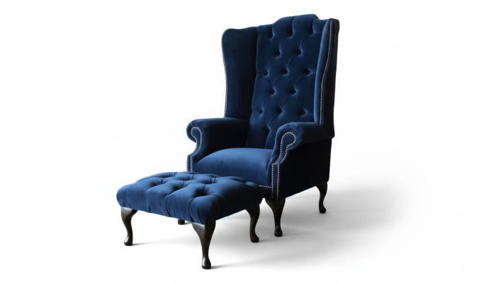 Chesterfield wing chair with stool, relaxer 1-seater sofa, single seat 2-piece set