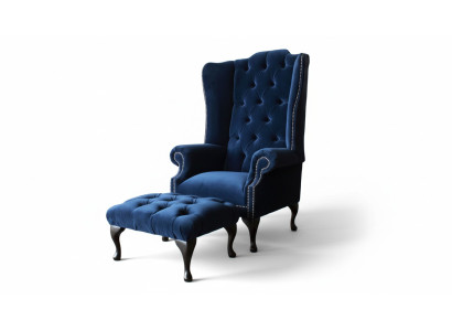 Chesterfield wing chair with stool, relaxer 1-seater sofa, single seat 2-piece set