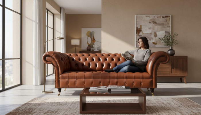 Chesterfield Sofa 3-Seater Brown Modern Upholstered Leather Living Room Design