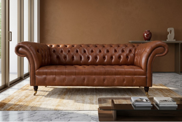 Chesterfield Sofa 3-Seater Brown Modern Upholstered Leather Living Room Design