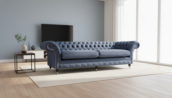 Design Chesterfield Sofa 4 Seater Fabric Couch Blue Upholstery Living Room