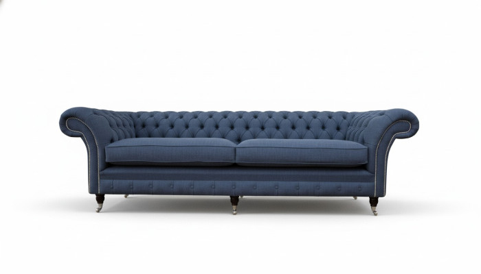 Design Chesterfield Sofa 4 Seater Fabric Couch Blue Upholstery Living Room