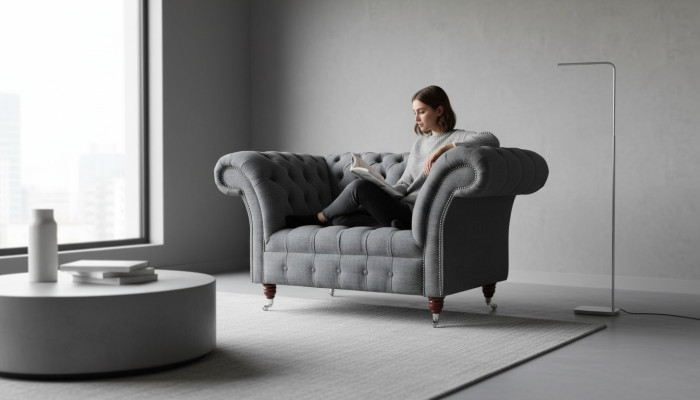 Chesterfield Design Armchair Gray Upholstery Luxury Textile Couch 1-Seater