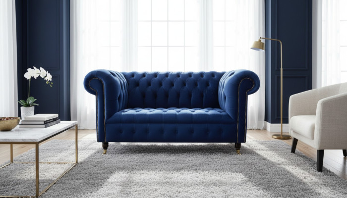 Chesterfield Office Seating Furniture Sofa Couch 2-Seat Textile Blue