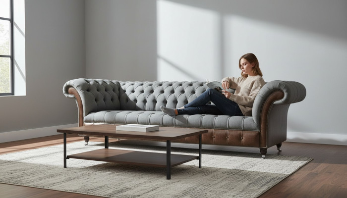 English Chesterfield Luxury Textile Sofa 4-Seater Sofa Upholstery Design Fabric Sofas