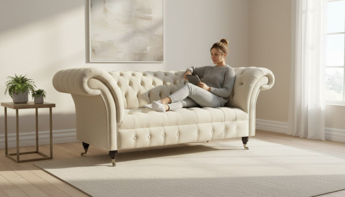 Two-seater couch upholstered sofa, 2 seats, textile fabric, luxury Chesterfield, new