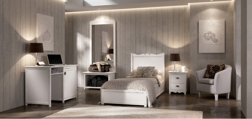 Bedroom bed nightstand desk floor mirror group set 4-piece.