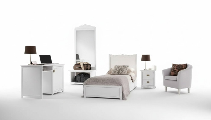 Bedroom bed nightstand desk floor mirror group set 4-piece.