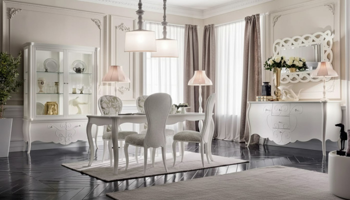 Dining room set, 8 pieces. Dining table, 4 chairs, sideboard, mirror, white furniture set.