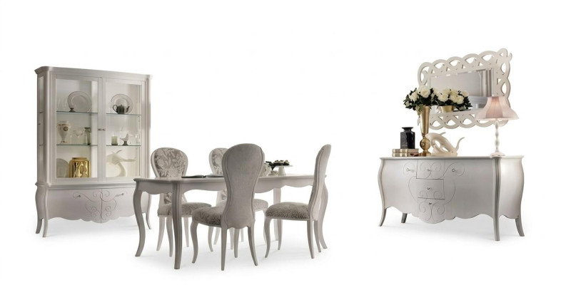 Dining room set, 8 pieces. Dining table, 4 chairs, sideboard, mirror, white furniture set.