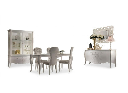 Dining room set, 8 pieces. Dining table, 4 chairs, sideboard, mirror, white furniture set.