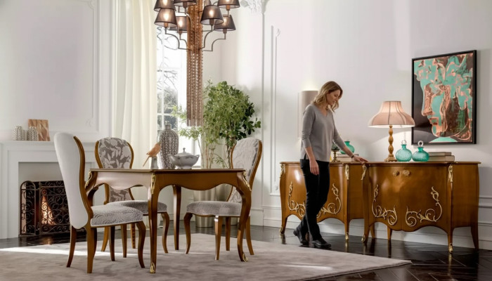 Dining table, dining room, brown dining set, classic table, 4x chairs, set of 6 pieces.