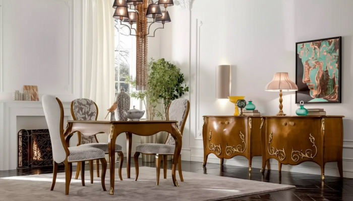 Dining table, dining room, brown dining set, classic table, 4x chairs, set of 6 pieces.