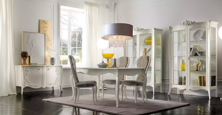 Luxury Dining Room Set 7-Piece White Wood Furniture Display Cabinet 4x Chairs Table
