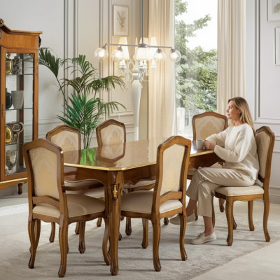 Dining table set: Table + 6x chairs, dining room set, table wood, textile