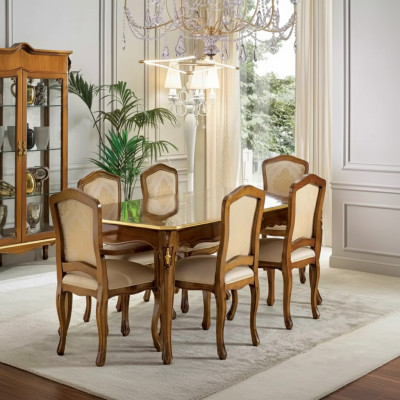 Dining table set: Table + 6x chairs, dining room set, table wood, textile